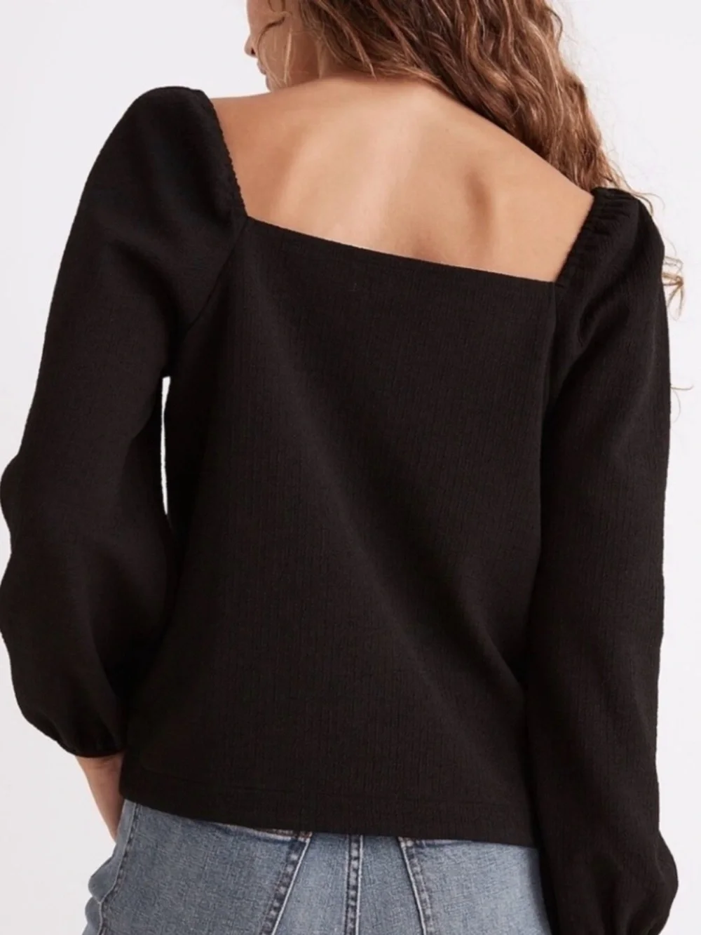 Madewell Black Crepe Square Neck Puff Sleeve Top